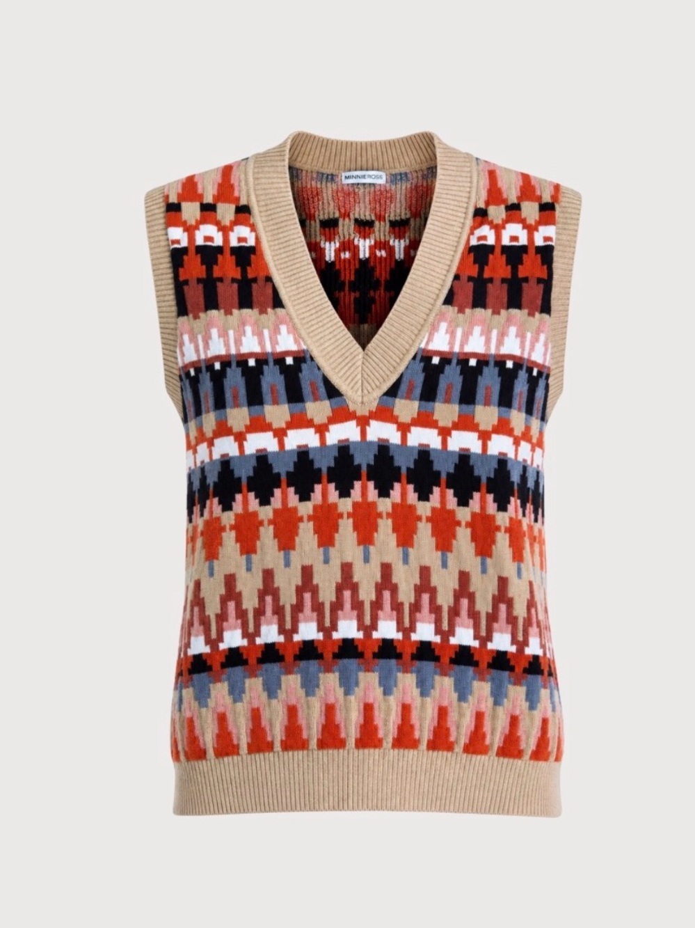Minnie Rose Multicolor Patterned Knit V-Neck Sweater Vest | M